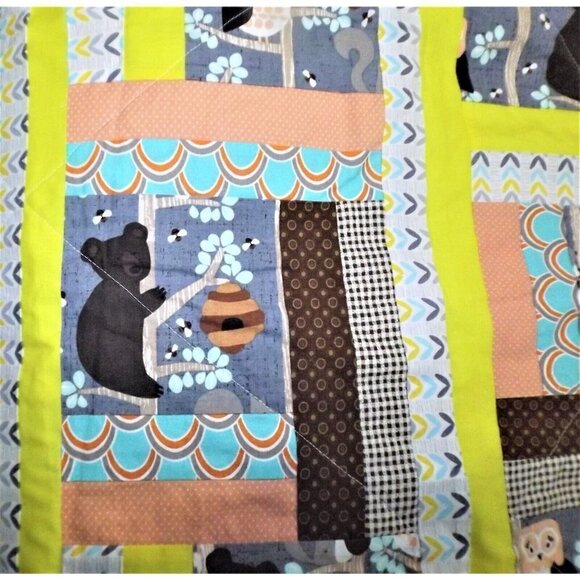 Baby quilt "Honey Bears in Trees" forest animals owls bears squirrels bees 40X50 - Picture 5 of 7
